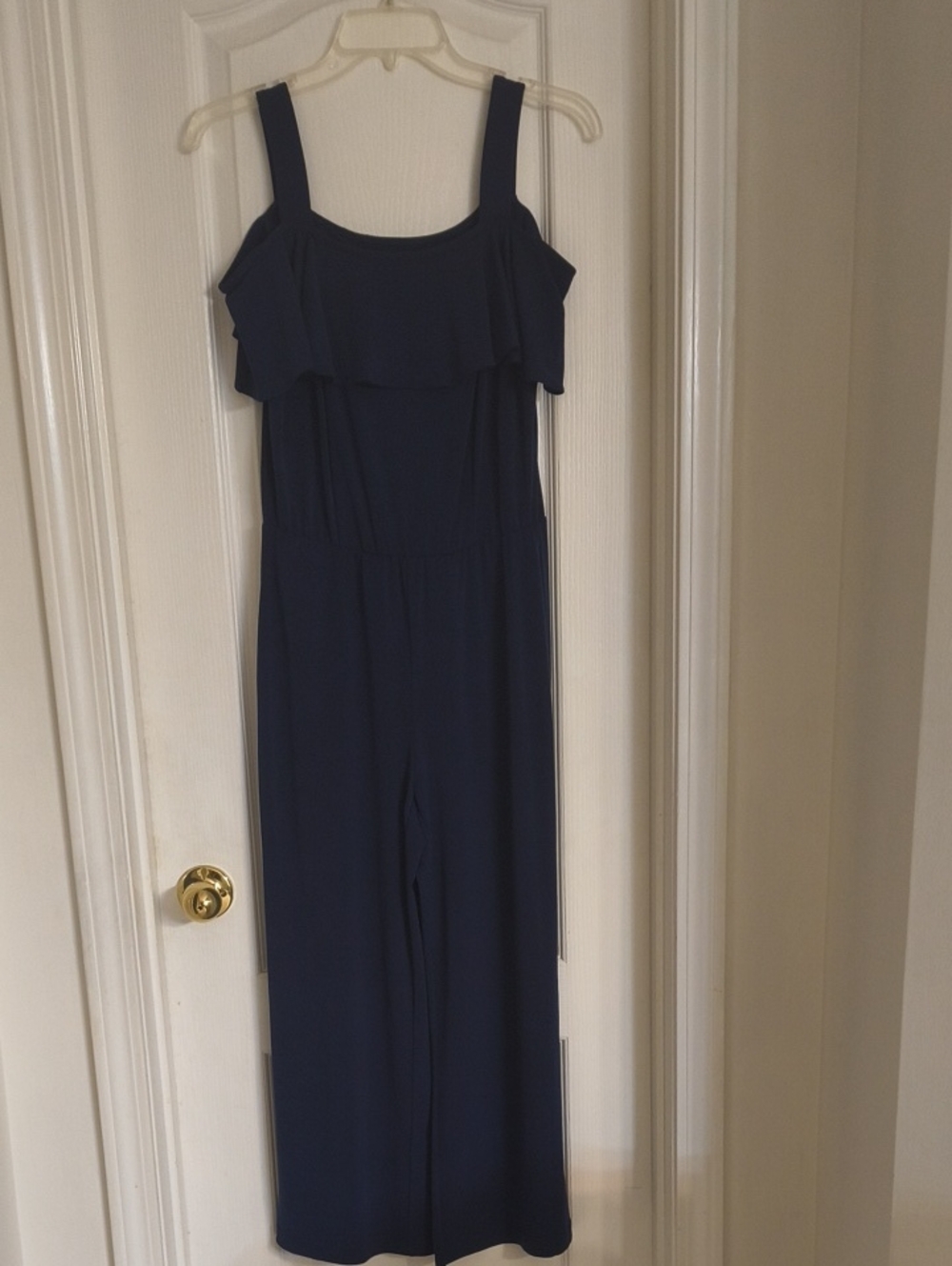 Roz & Ali Navy Ruffle-Front Wide-Leg Jumpsuit